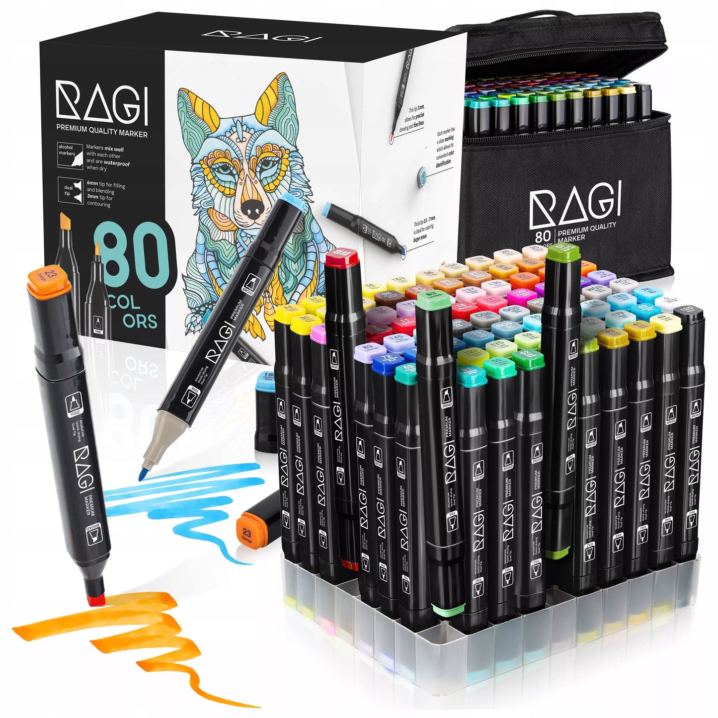 ALKOHOLINIAI ŽYMĖKLIAI 80 vnt. Dvipusiai flomasteriai su stoveliu ir krepšiu