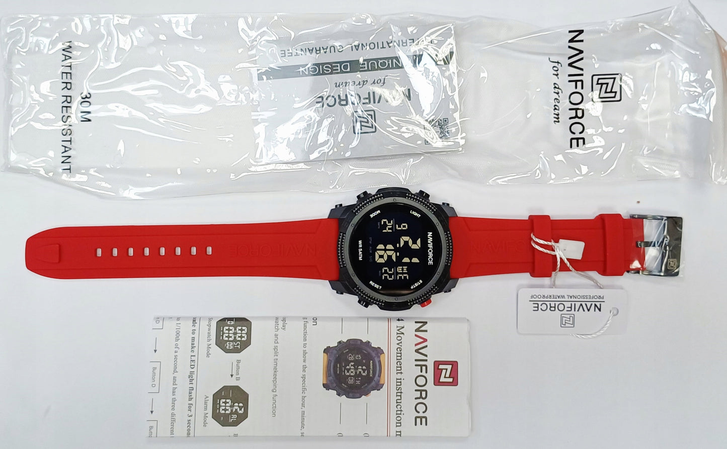 MASYvus skaitmeninis laikrodis NAVIFORCE, elektroninis karinis stilius - RAUDONAS