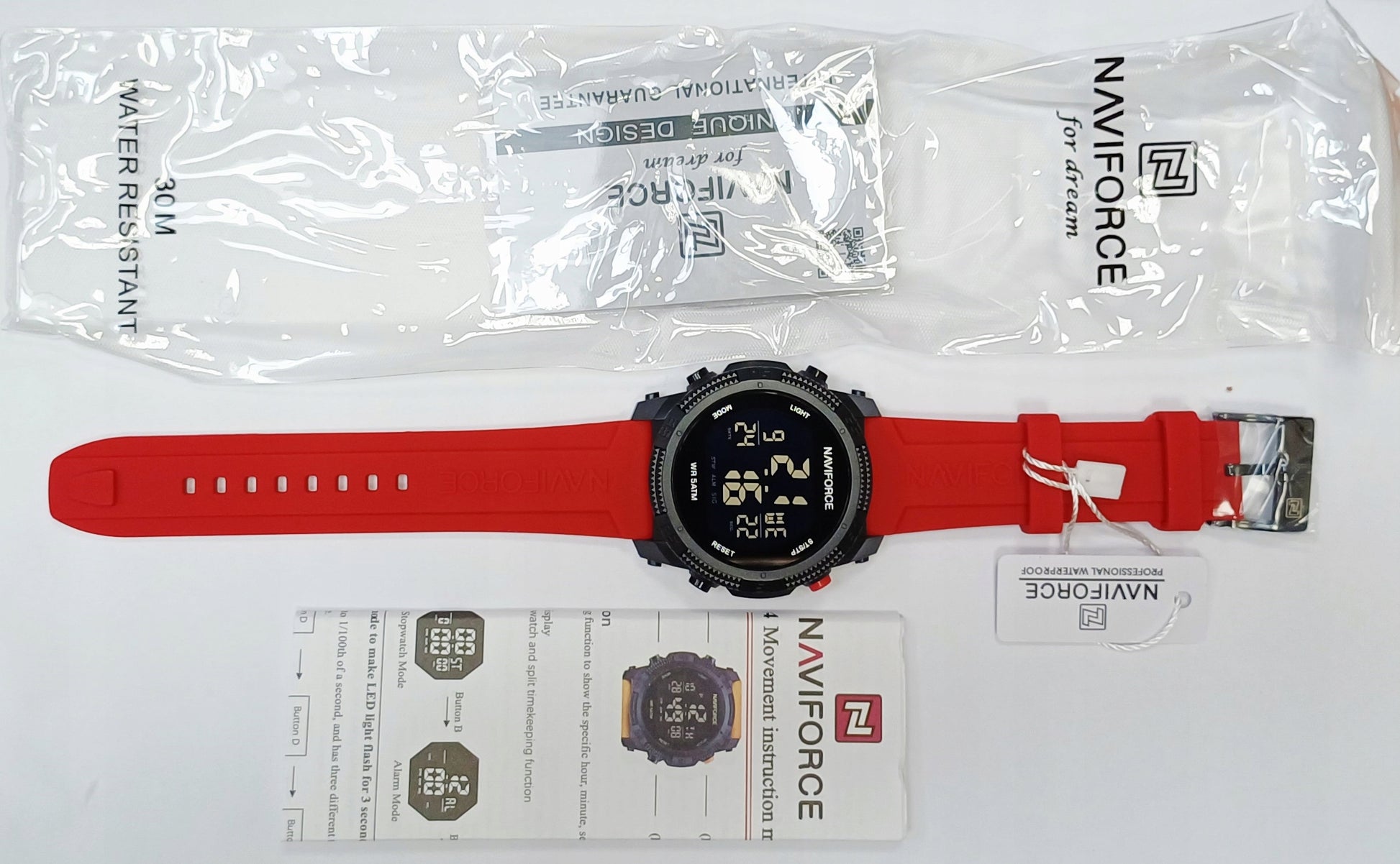 MASYvus skaitmeninis laikrodis NAVIFORCE, elektroninis karinis stilius - RAUDONAS