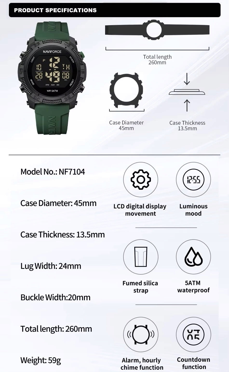 MASYvus skaitmeninis laikrodis NAVIFORCE, elektroninis karinis stilius - RAUDONAS