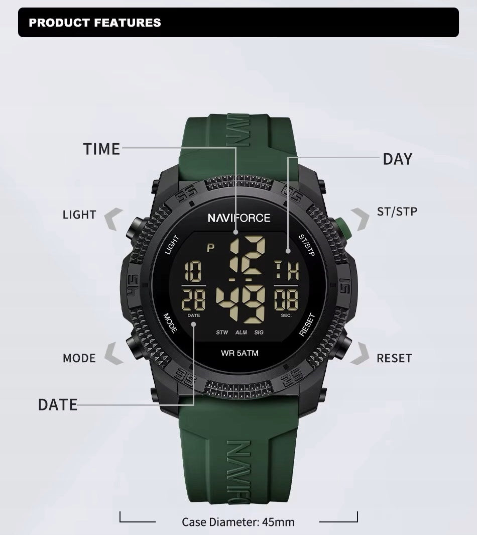 MASYvus skaitmeninis laikrodis NAVIFORCE, elektroninis karinis stilius - RAUDONAS