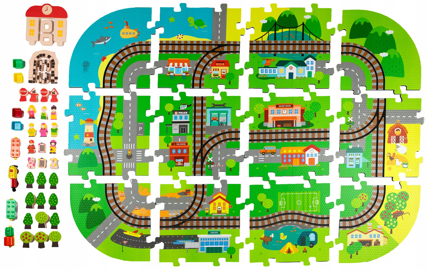 PUTŲ DELUXE 3D kilimėlis su traukinuku ant baterijų, bėgiai, edukacinis rinkinys 56 elementų.