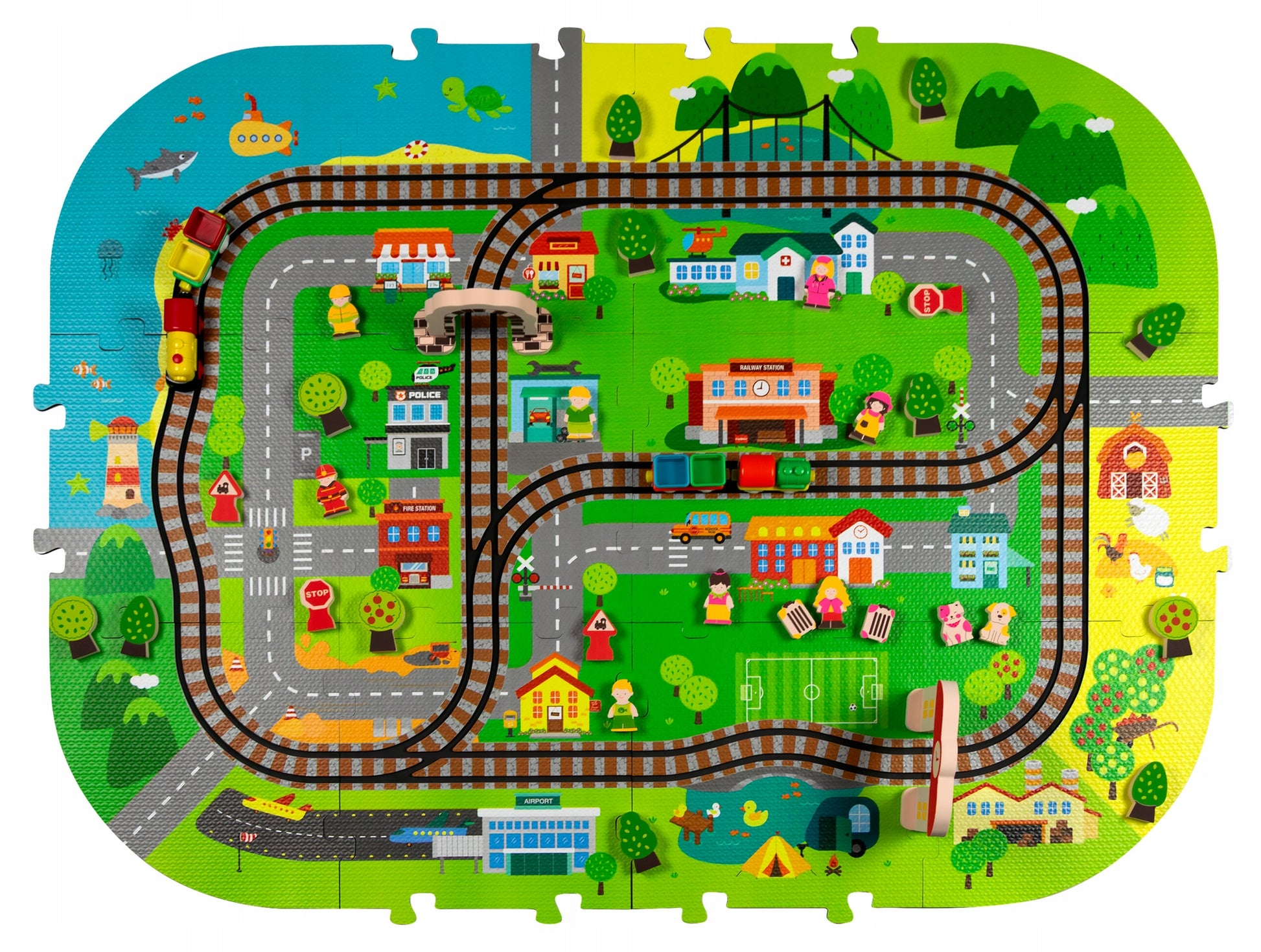 PUTŲ DELUXE 3D kilimėlis su traukinuku ant baterijų, bėgiai, edukacinis rinkinys 56 elementų.