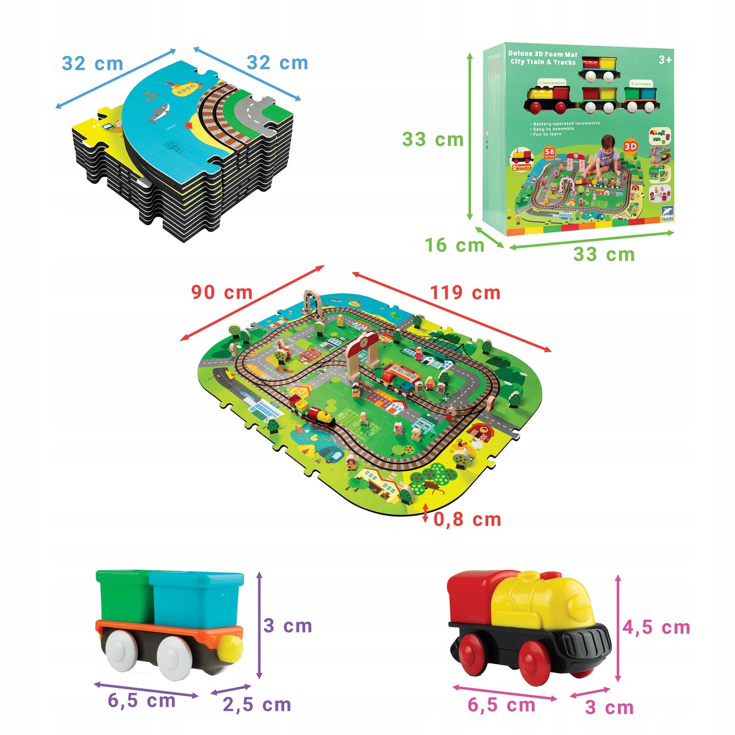 PUTŲ DELUXE 3D kilimėlis su traukinuku ant baterijų, bėgiai, edukacinis rinkinys 56 elementų.