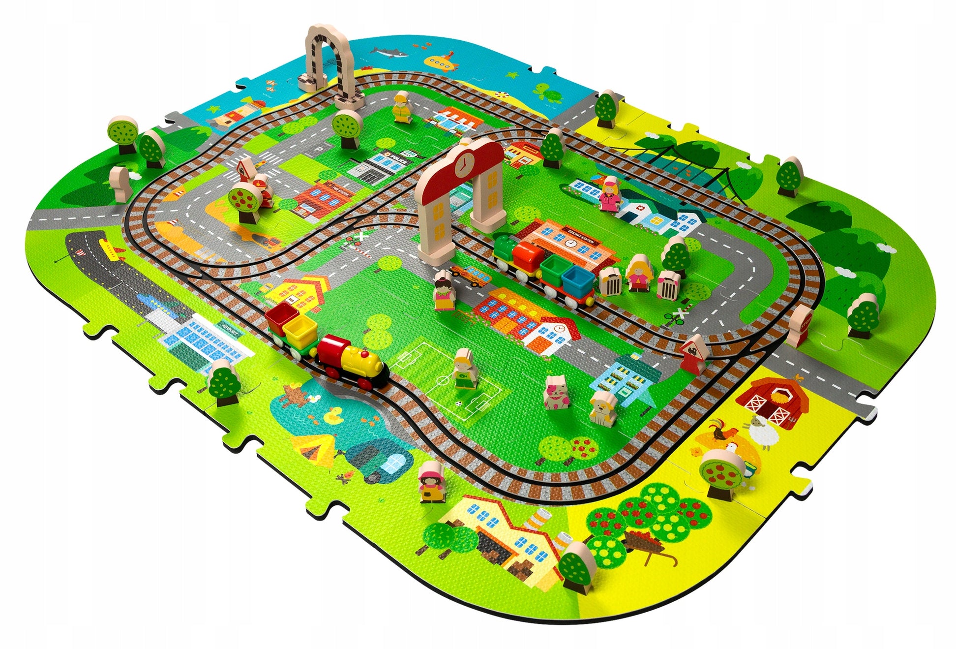 PUTŲ DELUXE 3D kilimėlis su traukinuku ant baterijų, bėgiai, edukacinis rinkinys 56 elementų.