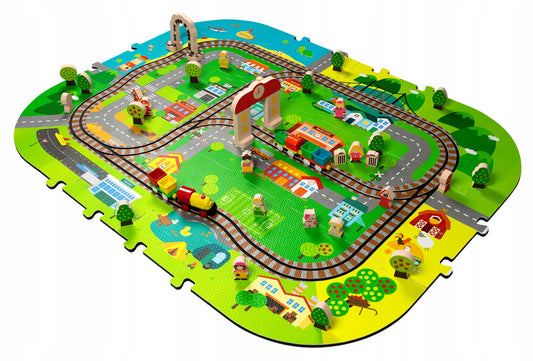 PUTŲ DELUXE 3D kilimėlis su traukinuku ant baterijų, bėgiai, edukacinis rinkinys 56 elementų.