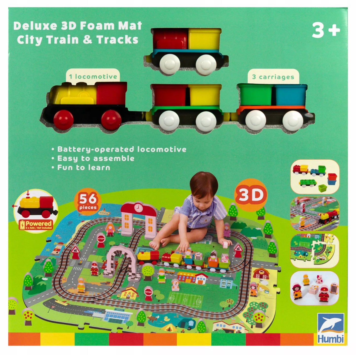 PUTŲ DELUXE 3D kilimėlis su traukinuku ant baterijų, bėgiai, edukacinis rinkinys 56 elementų.