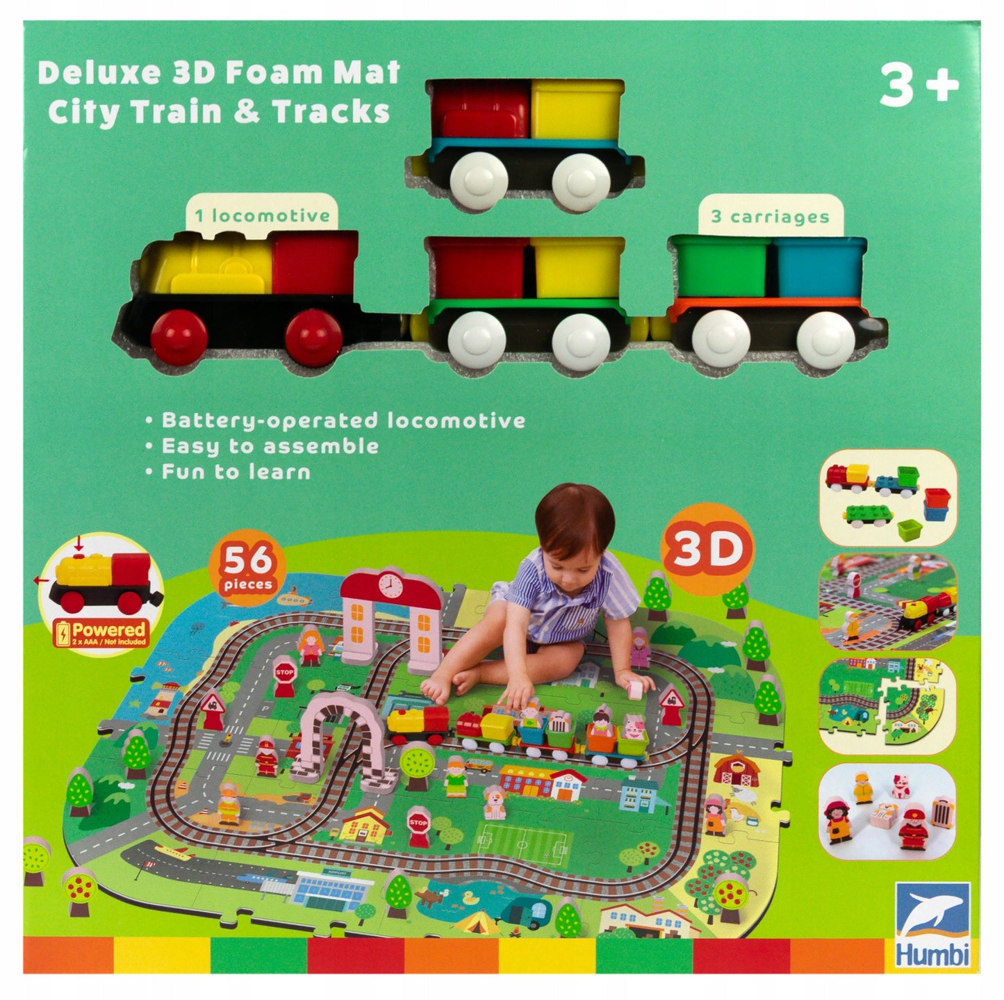 PUTŲ DELUXE 3D kilimėlis su traukinuku ant baterijų, bėgiai, edukacinis rinkinys 56 elementų.