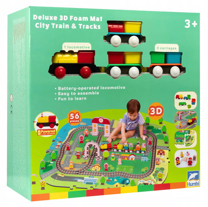 PUTŲ DELUXE 3D kilimėlis su traukinuku ant baterijų, bėgiai, edukacinis rinkinys 56 elementų.