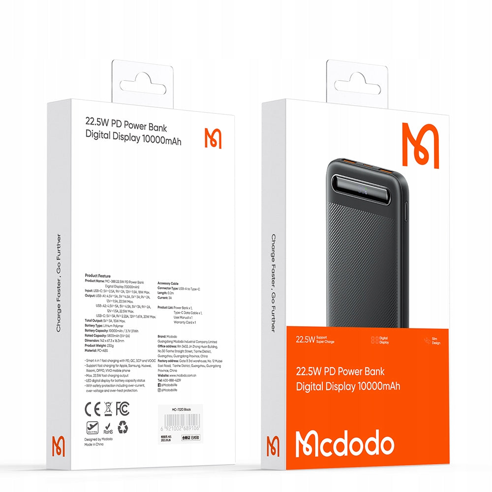 MCDODO POWERBANK 10000MAH SU DVYTURODIKLIU 3X USB USB-C 22,5W + KABELIS USB-C