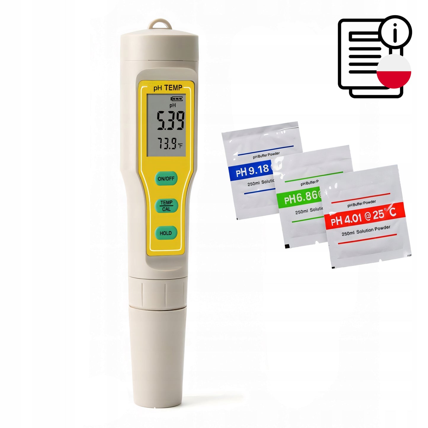 pH METRAS TESTERIS VANDENS RŪGŠTINGUMO MATUOKLIS ATC TERMOMETRAS + 3 BUFERIAI