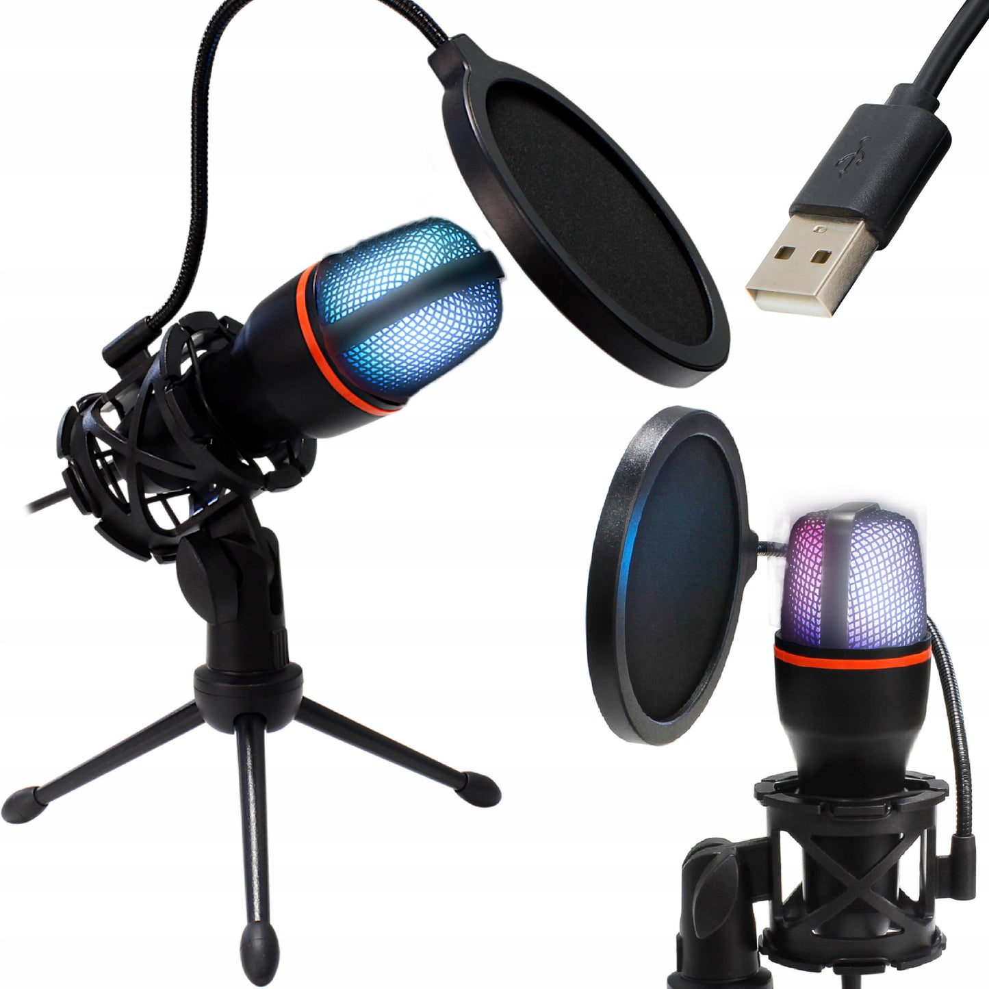 Kompiuterinis kondensatorinis žaidimų, studijinis, karaoke mikrofonas su USB ir filtru
