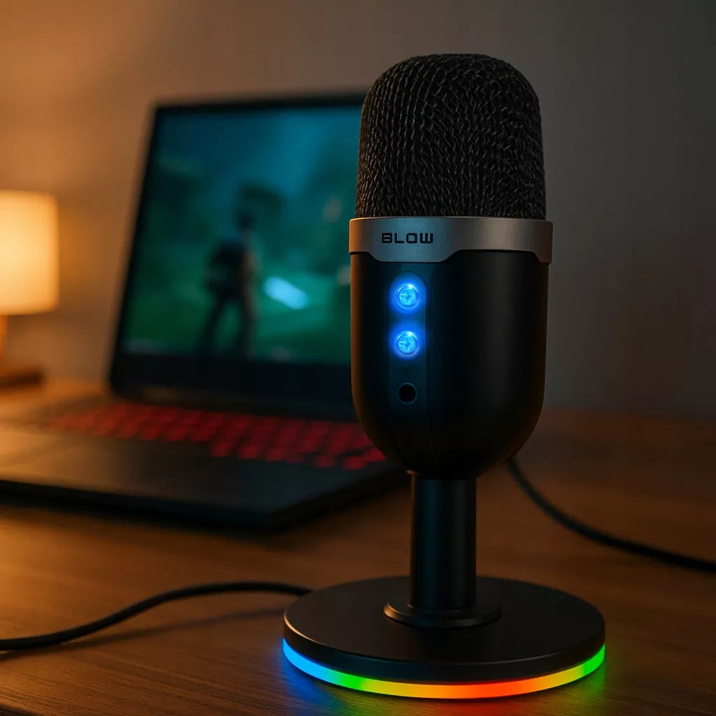 Kondensatorinis mikrofonas kompiuteriui, žaidimų, studijinis, karaoke, USB, LED RGB