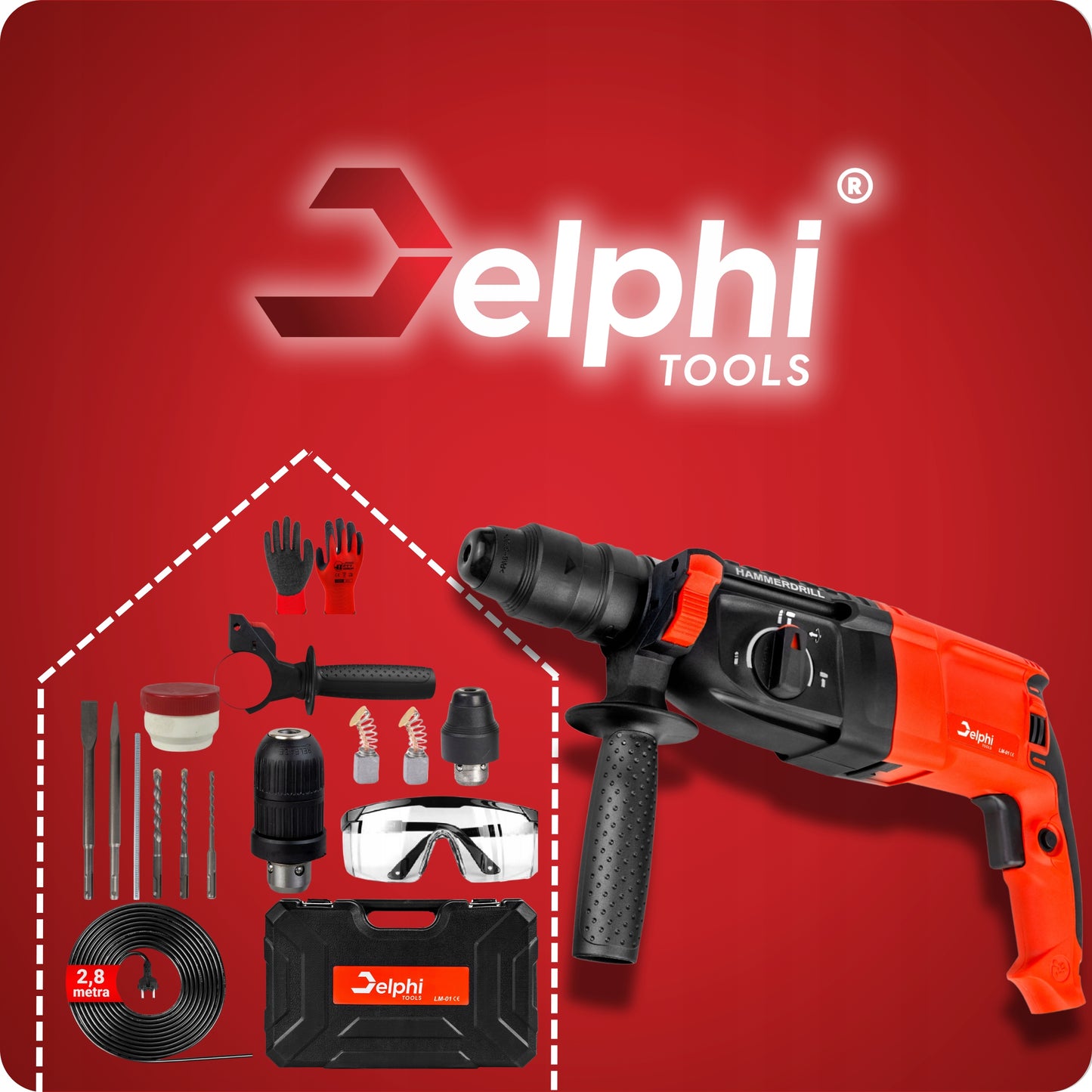 Galingas SDS+ gręžtuvas su betono kaltuvu 2600W + 2,8m laidas