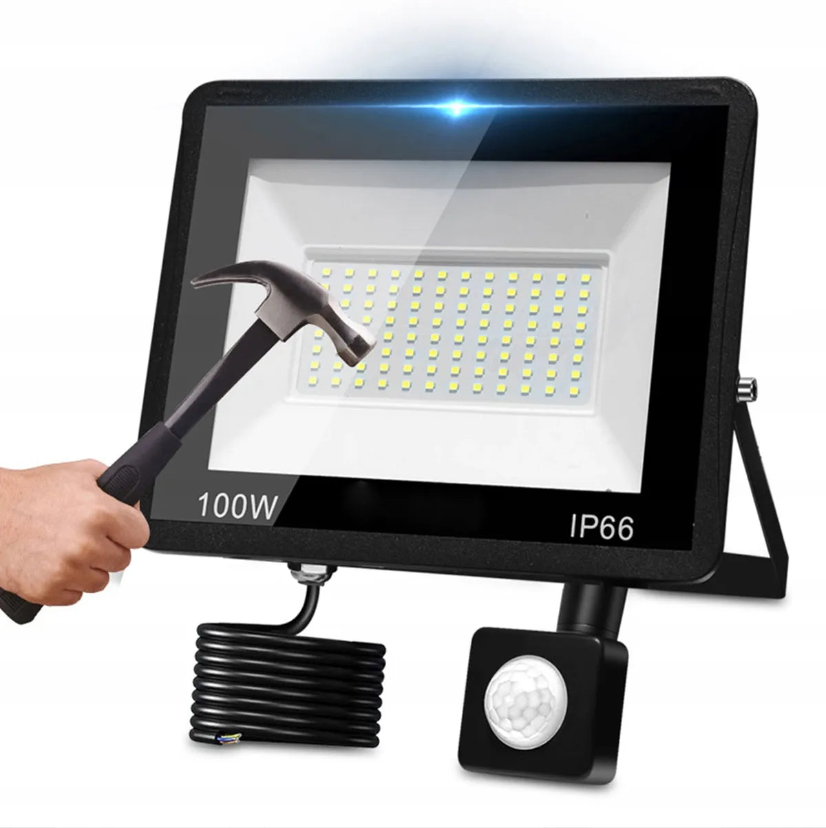 Galingas LED halogeninis prožektorius 100W su judesio ir prieblandos jutikliu 3500lm SLIM