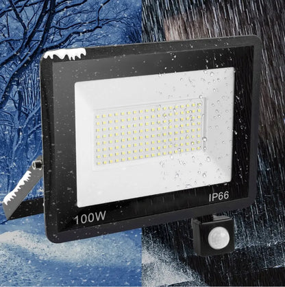 Galingas LED halogeninis prožektorius 100W su judesio ir prieblandos jutikliu 3500lm SLIM