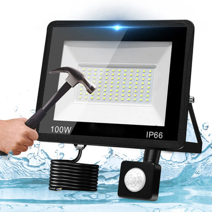 Galingas LED halogeninis prožektorius 100W su judesio ir prieblandos jutikliu 3500lm SLIM