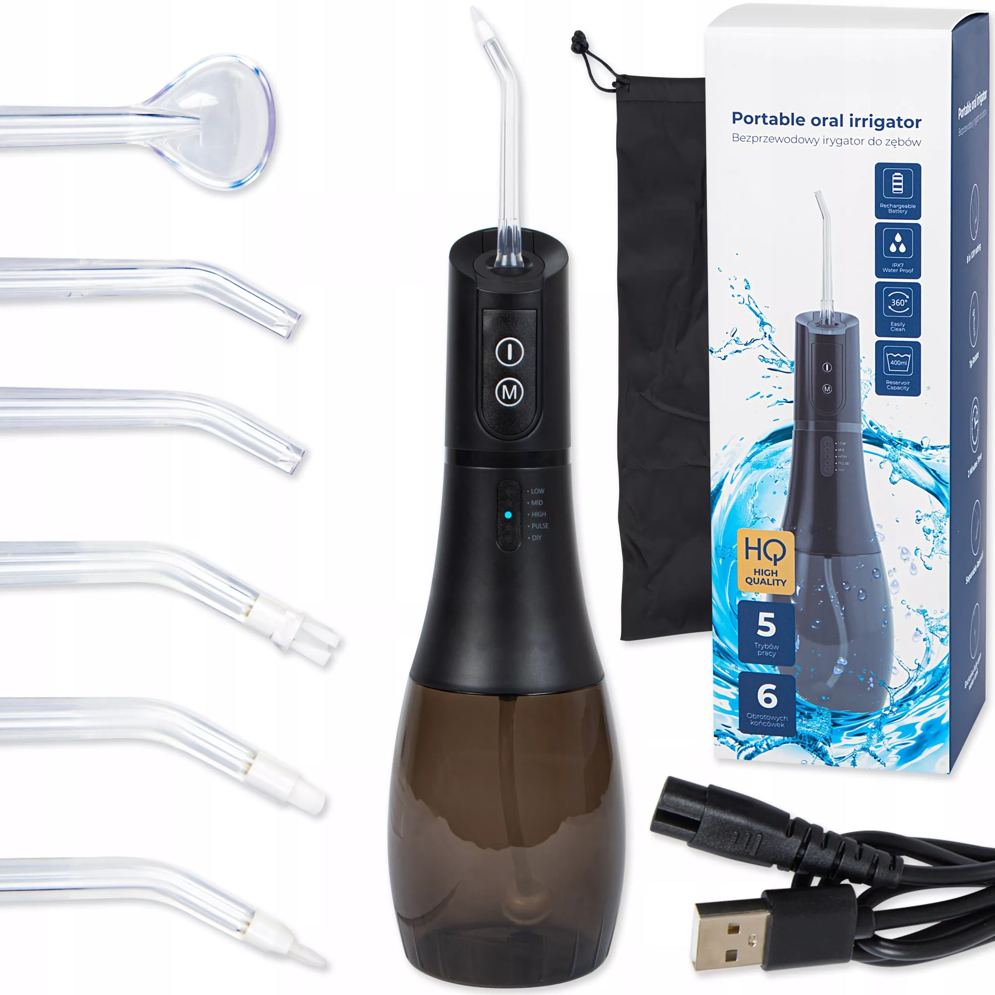 Galingas belaidis burnos irigatorius, 5 režimai, 400ml + dėklas