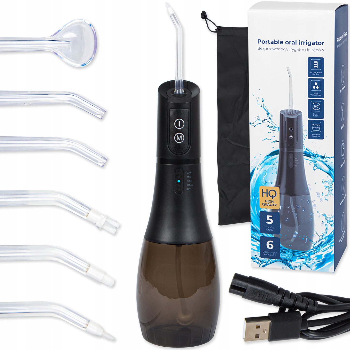 Galingas belaidis burnos irigatorius, 5 režimai, 400ml + dėklas