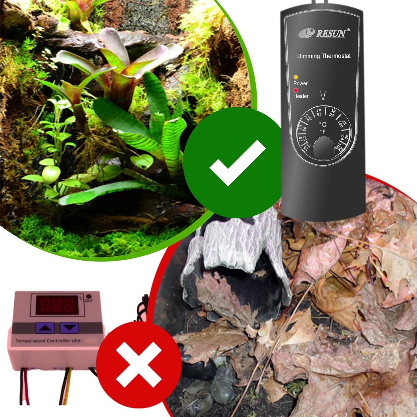 TERARIUMO TERMOSTATAS SU MODULIACINIU VALDYMU ŠILDYMO KABELIUI, SPULGELYČIAI AR ŠILDYMO KILIMĖLIUI