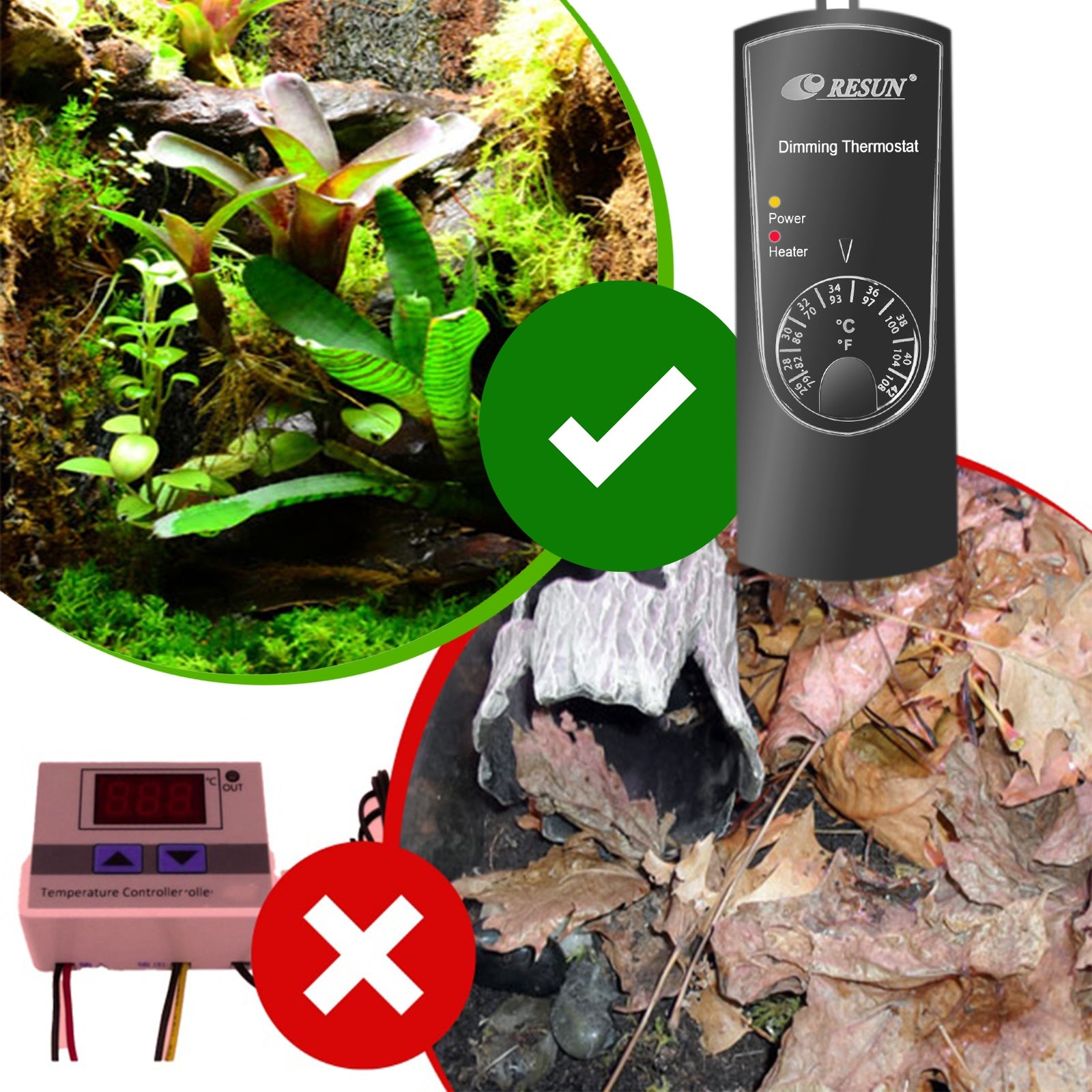 TERARIUMO TERMOSTATAS SU MODULIACINIU VALDYMU ŠILDYMO KABELIUI, SPULGELYČIAI AR ŠILDYMO KILIMĖLIUI