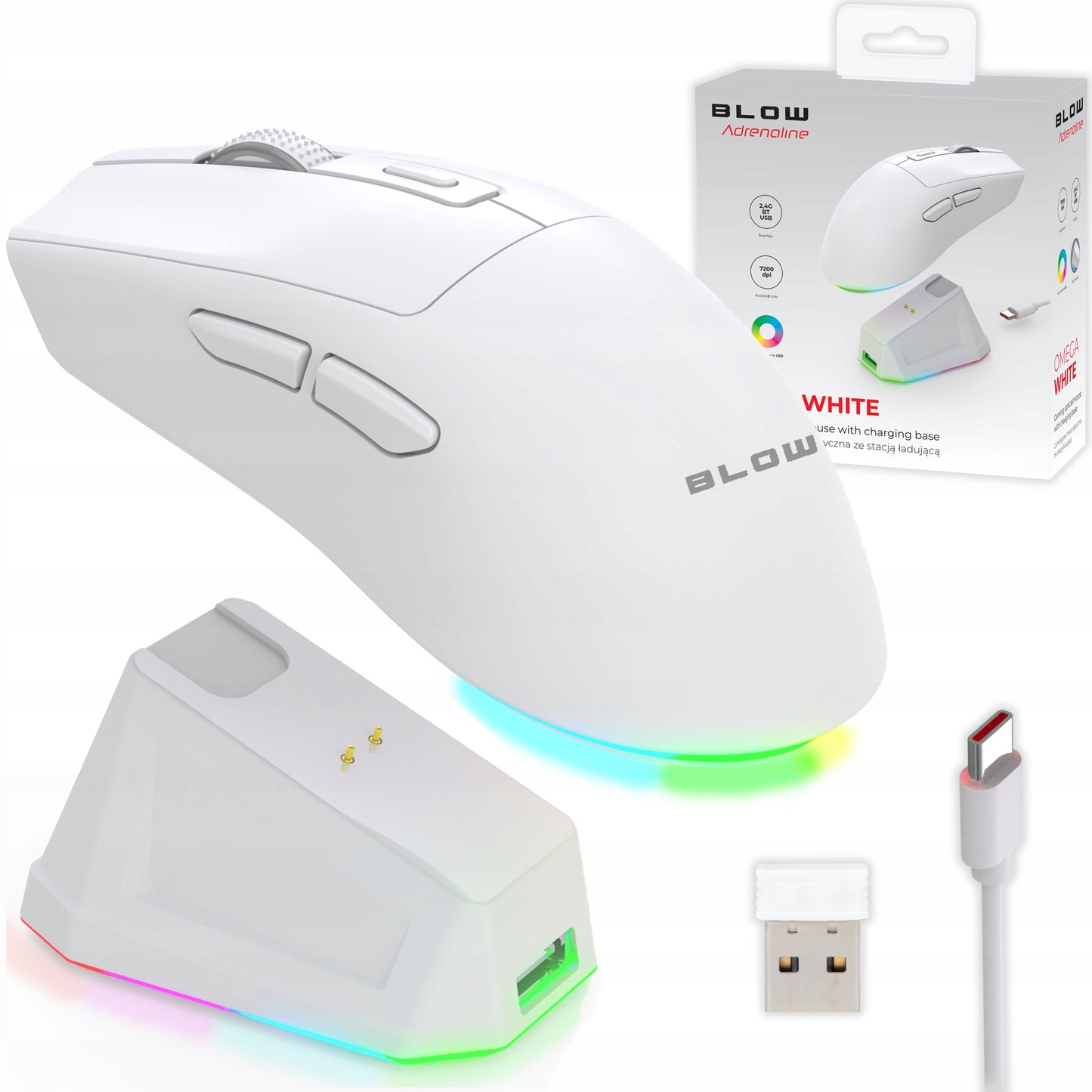 Balta optinė žaidimų pelė su įkrovimo stotele, PC, USB, Bluetooth 2.4GHz