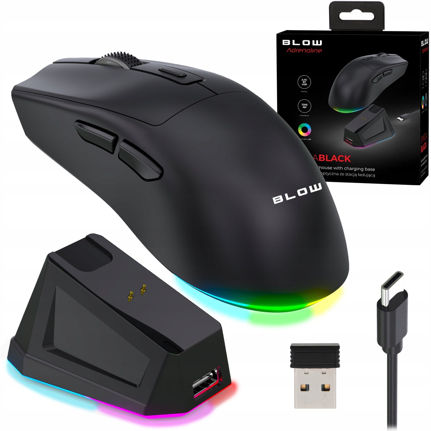 Juoda optinė žaidimų pelė su įkrovimo stotele, PC, USB, Bluetooth 2.4GHz