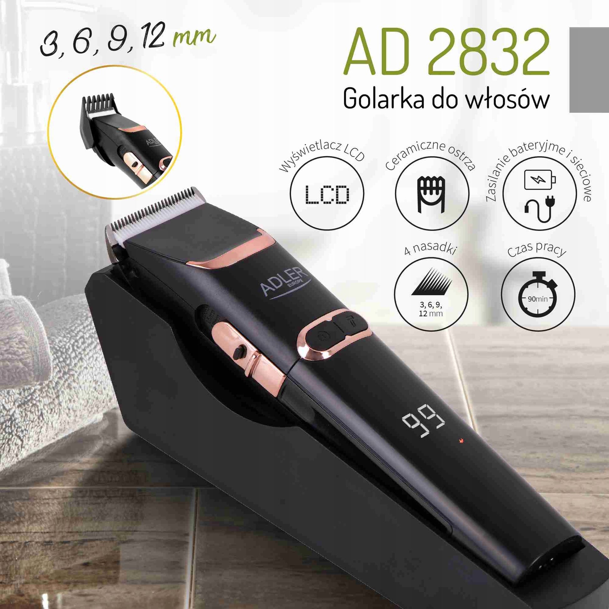 Plaukų kirpimo mašinėlė vyriška, keraminiai ašmenys, 4 antgaliai, LCD, Turbo