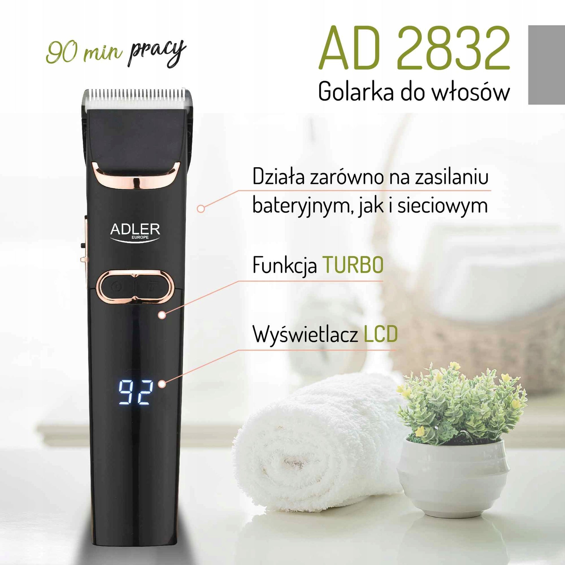 Plaukų kirpimo mašinėlė vyriška, keraminiai ašmenys, 4 antgaliai, LCD, Turbo