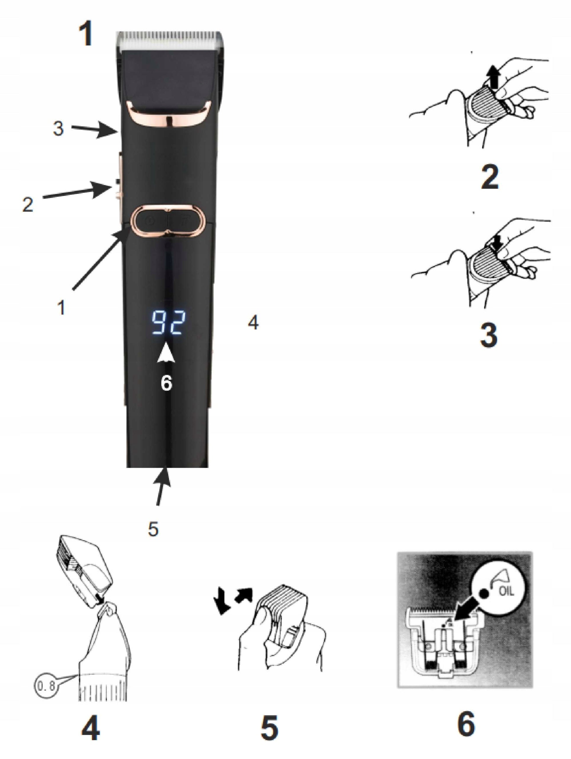 Plaukų kirpimo mašinėlė vyriška, keraminiai ašmenys, 4 antgaliai, LCD, Turbo