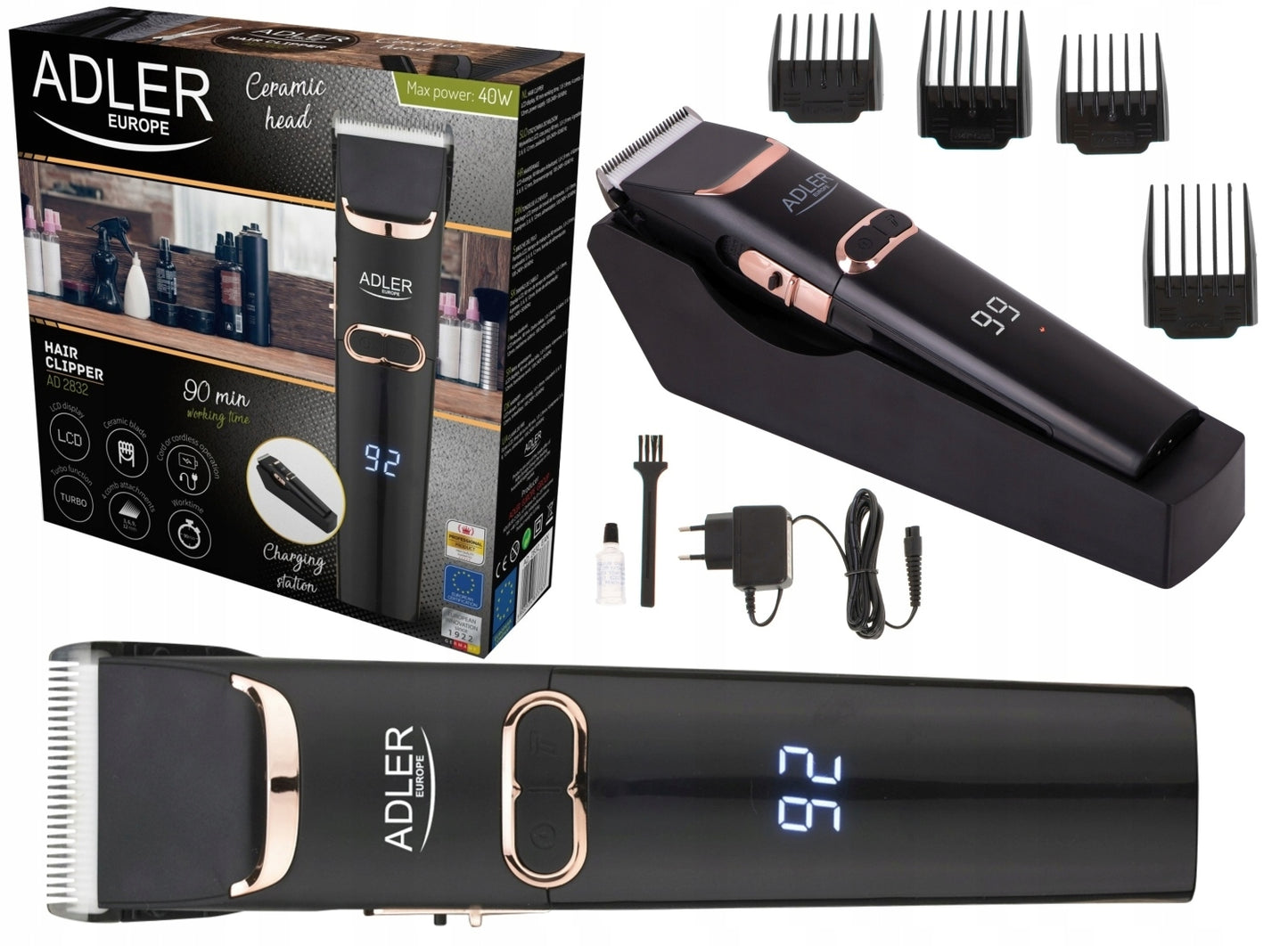 Plaukų kirpimo mašinėlė vyriška, keraminiai ašmenys, 4 antgaliai, LCD, Turbo