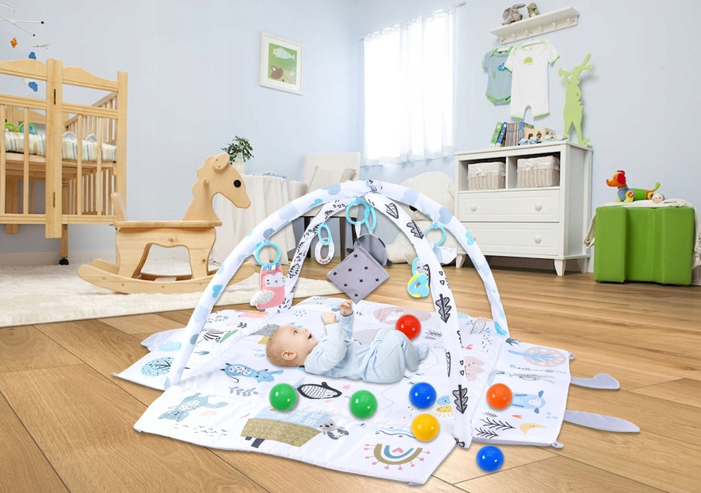 Edukacinė minkšta interaktyvi pagalvėlė-knygelė su kamuoliukais 4in1