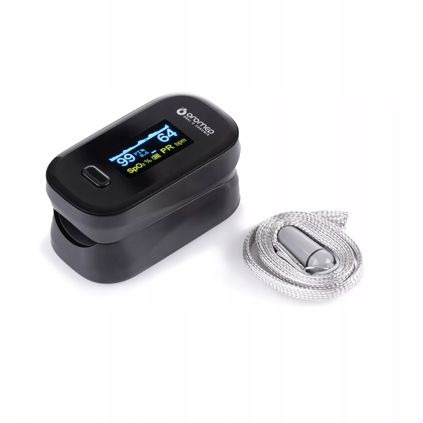 Medyczny pulsoksymetr napalcowy Oromed Oximeter z wyświetlaczem OLED, czarny + smycz