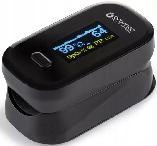 Medyczny pulsoksymetr napalcowy Oromed Oximeter z wyświetlaczem OLED, czarny + smycz
