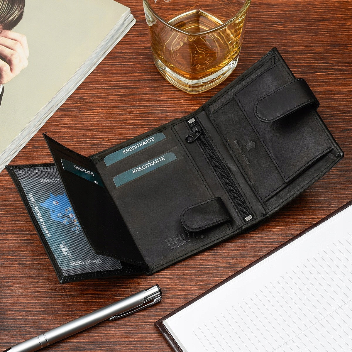 Klasikinė vyriška odinė piniginė su RFiD apsauga, juoda, Beltimore, didelė, matinė oda