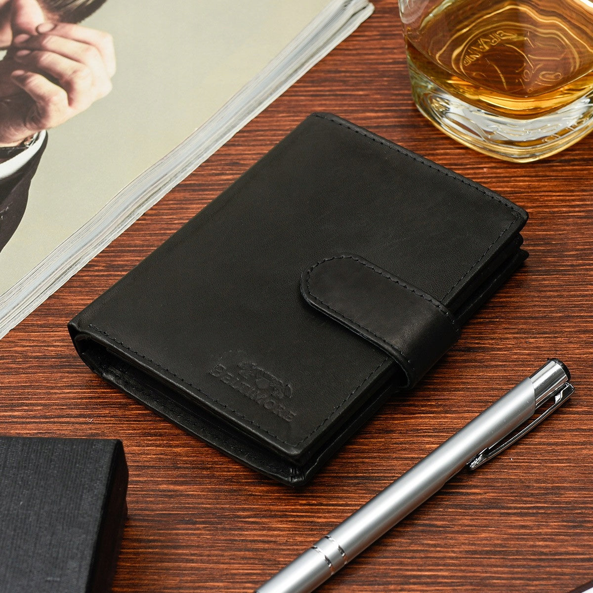 Klasikinė vyriška odinė piniginė su RFiD apsauga, juoda, Beltimore, didelė, matinė oda