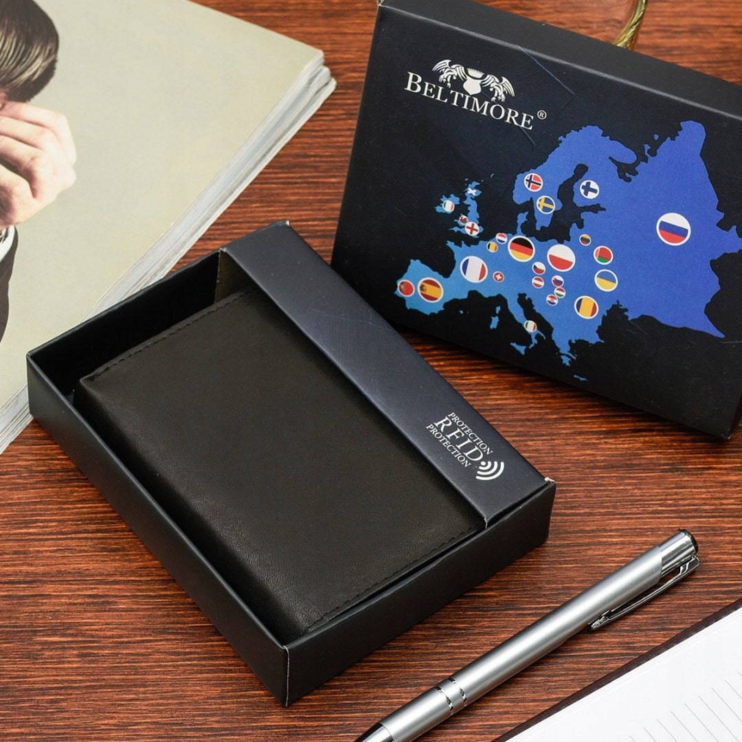 Klasikinė vyriška odinė piniginė su RFiD apsauga, juoda, Beltimore, didelė, matinė oda