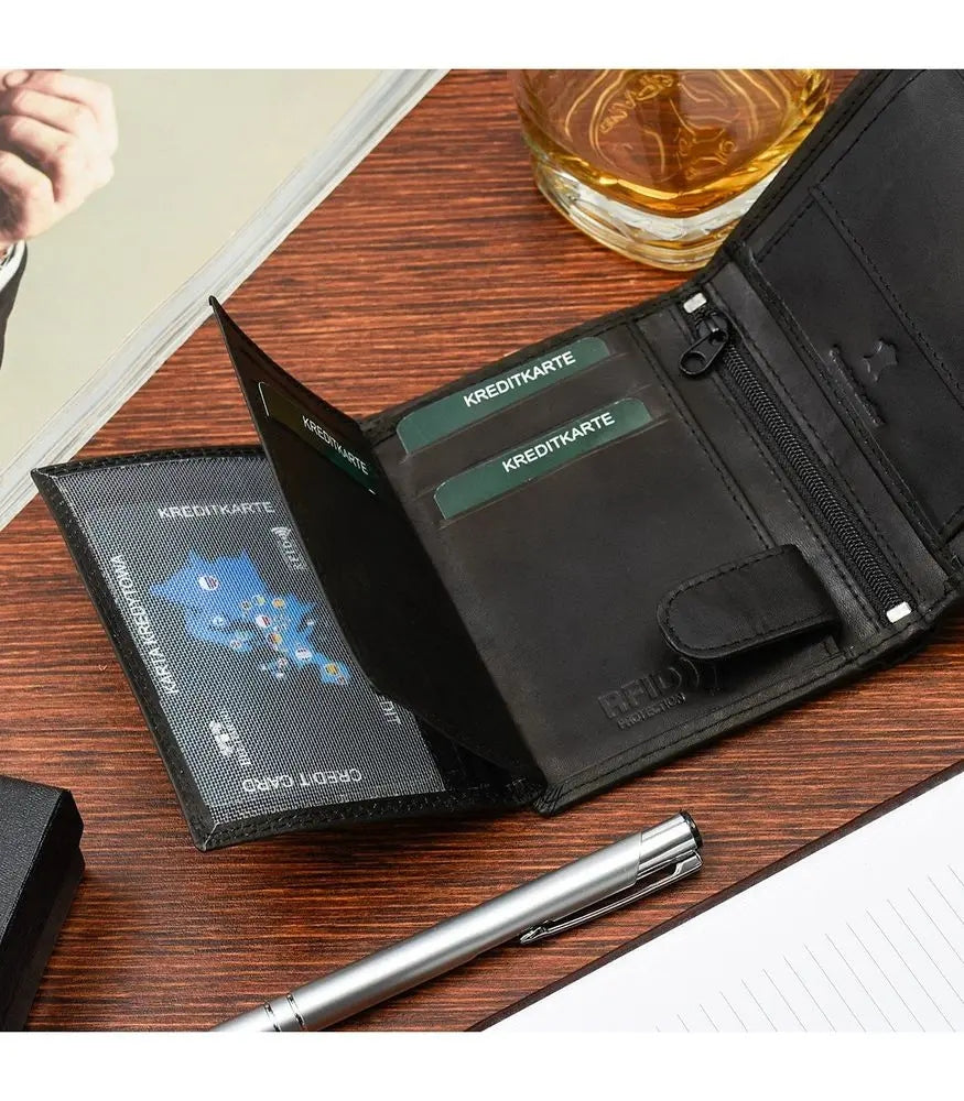 Klasikinė vyriška odinė piniginė su RFiD apsauga, juoda, Beltimore, didelė, matinė oda