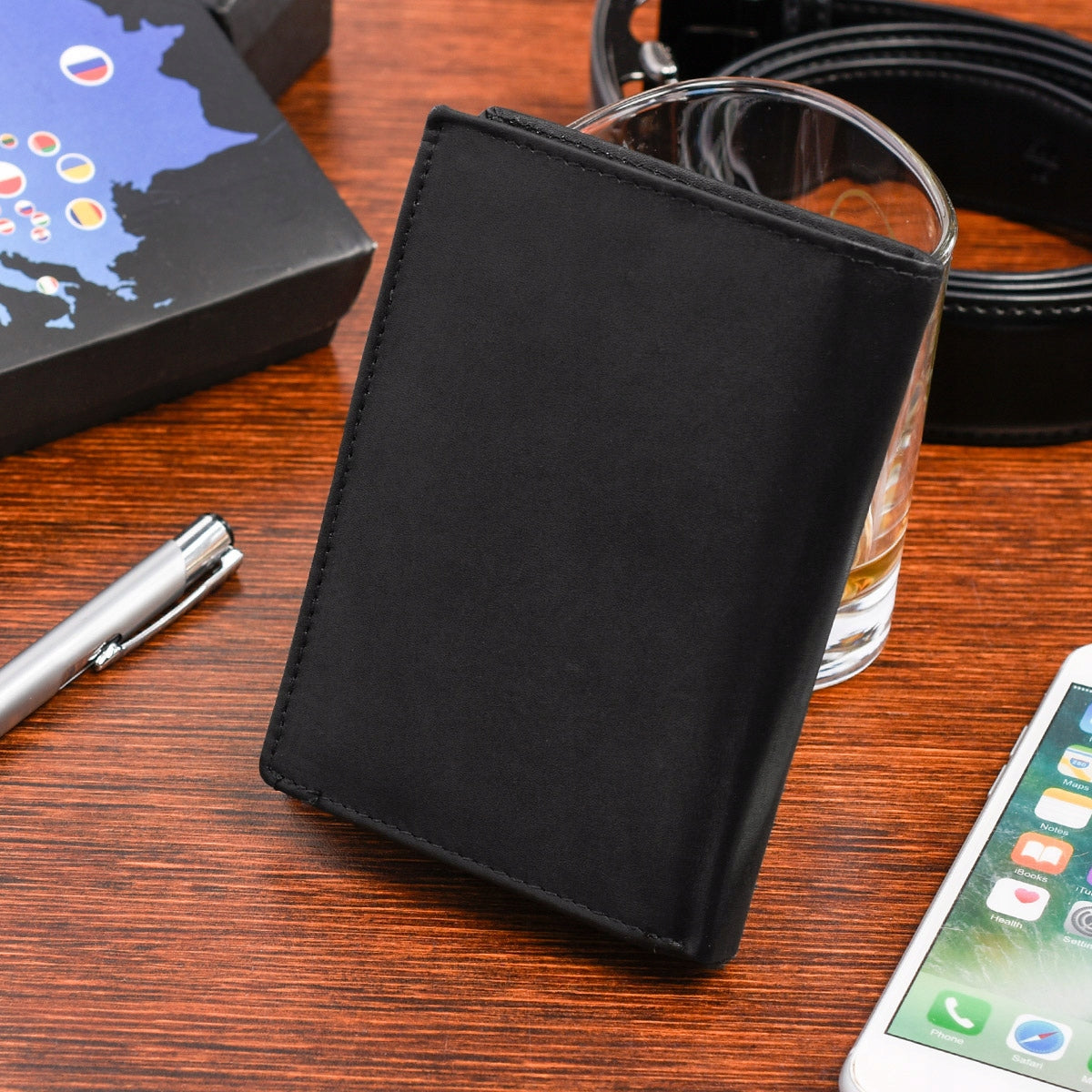 Klasikinė vyriška odinė piniginė su RFiD apsauga, juoda, Beltimore, didelė, matinė oda