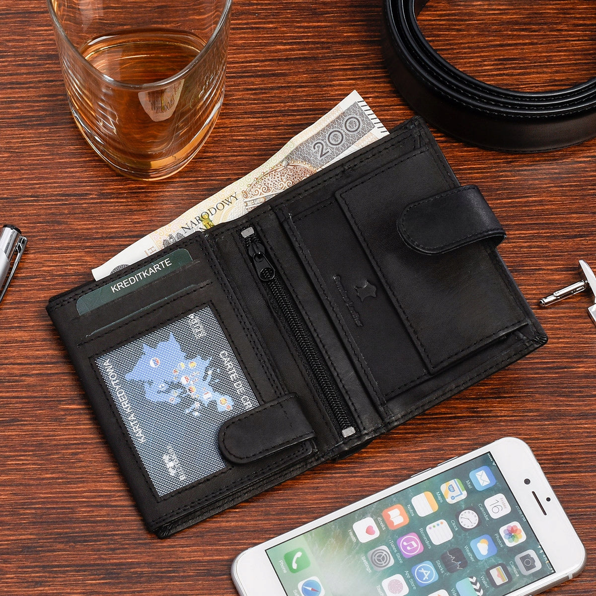 Klasikinė vyriška odinė piniginė su RFiD apsauga, juoda, Beltimore, didelė, matinė oda