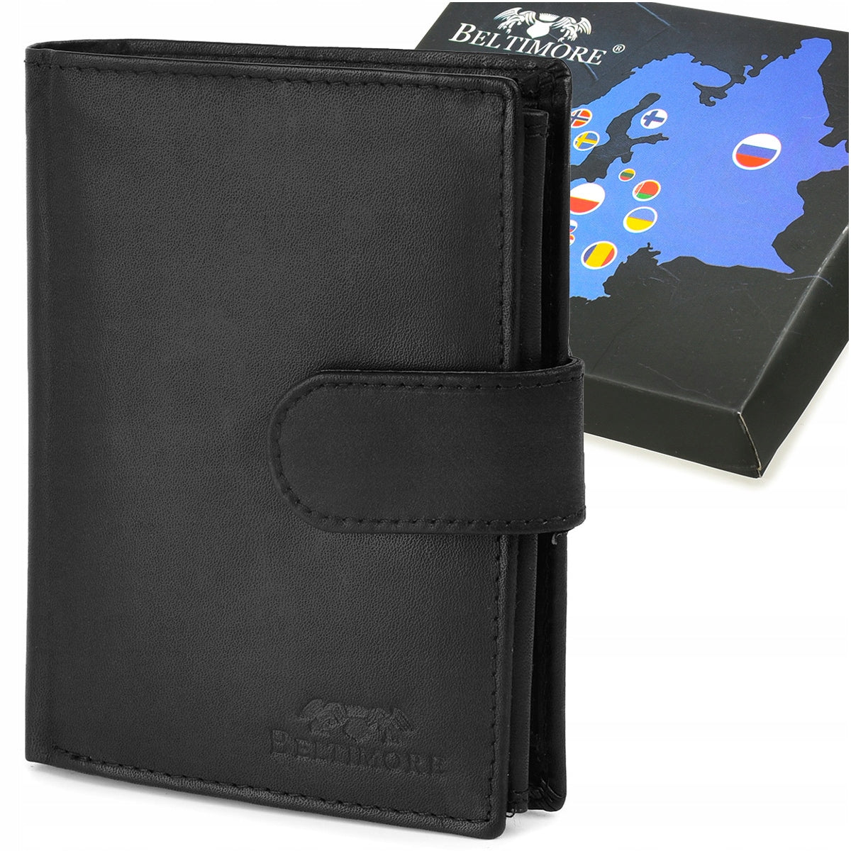 Klasikinė vyriška odinė piniginė su RFiD apsauga, juoda, Beltimore, didelė, matinė oda