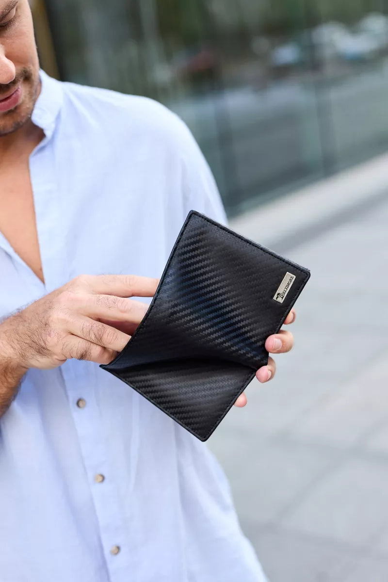 Klasikinis vyriškas odinis RFiD piniginė, didelė, juoda, anglies pluošto, premium, Beltimore