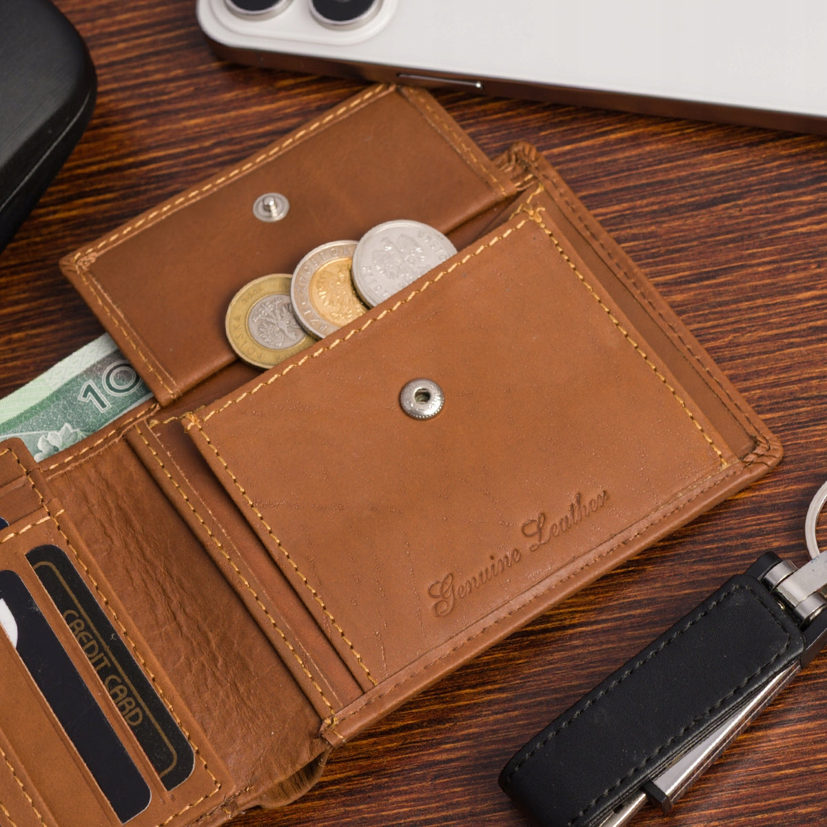 Klasikinė vyriška odinė piniginė, ruda, horizontali, be užsegimo Beltimore