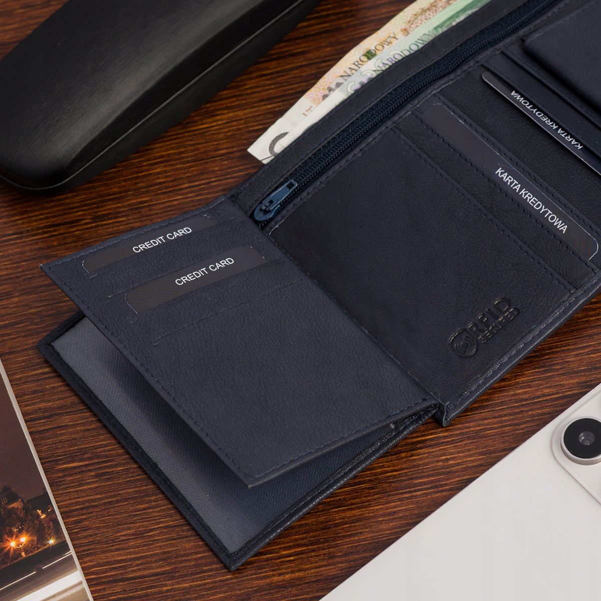 Vyriška klasikinė odinė didelė vertikali tamsiai mėlyna piniginė Beltimore