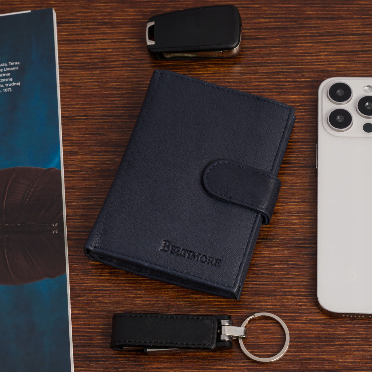 Vyriška klasikinė odinė didelė vertikali tamsiai mėlyna piniginė Beltimore