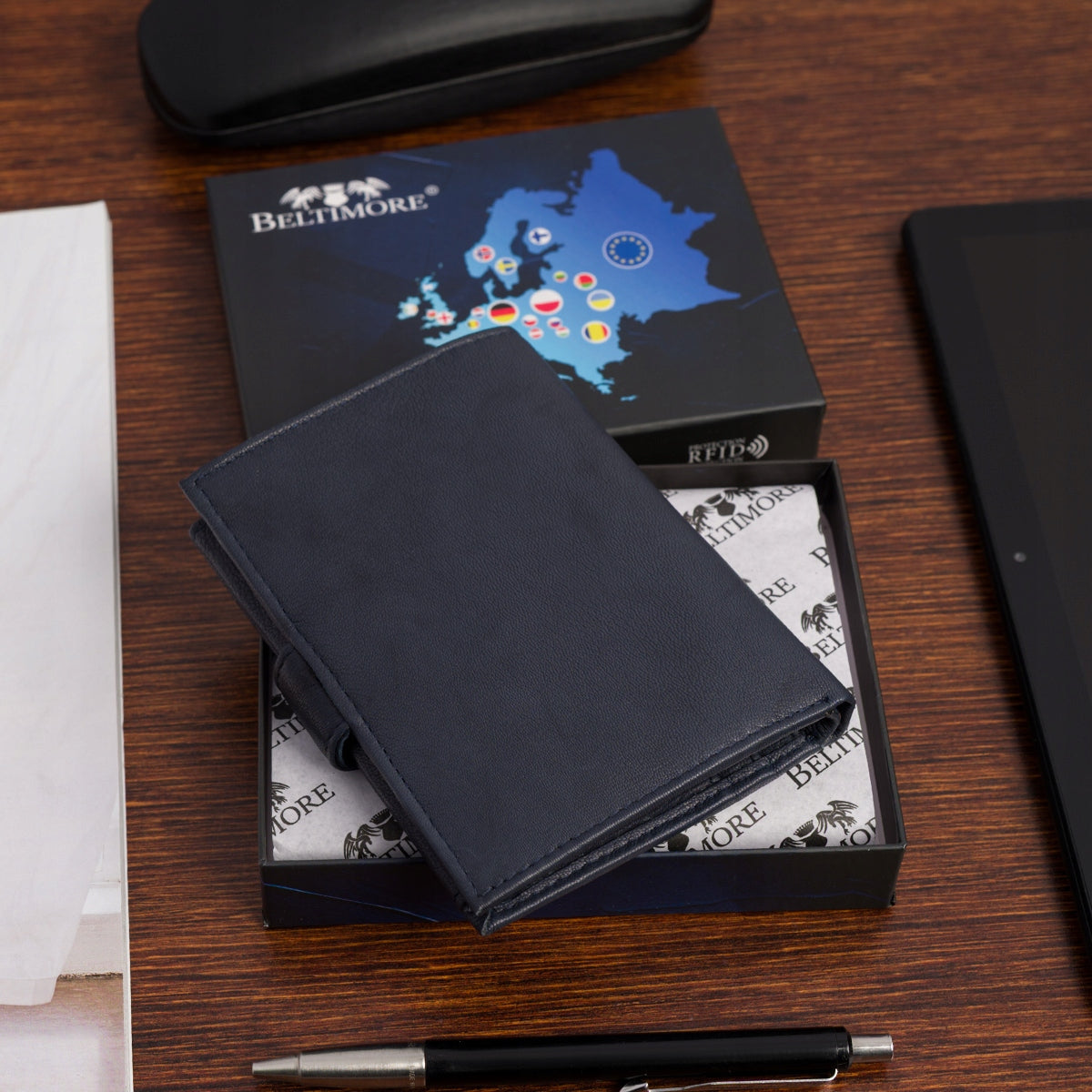 Vyriška klasikinė odinė didelė vertikali tamsiai mėlyna piniginė Beltimore