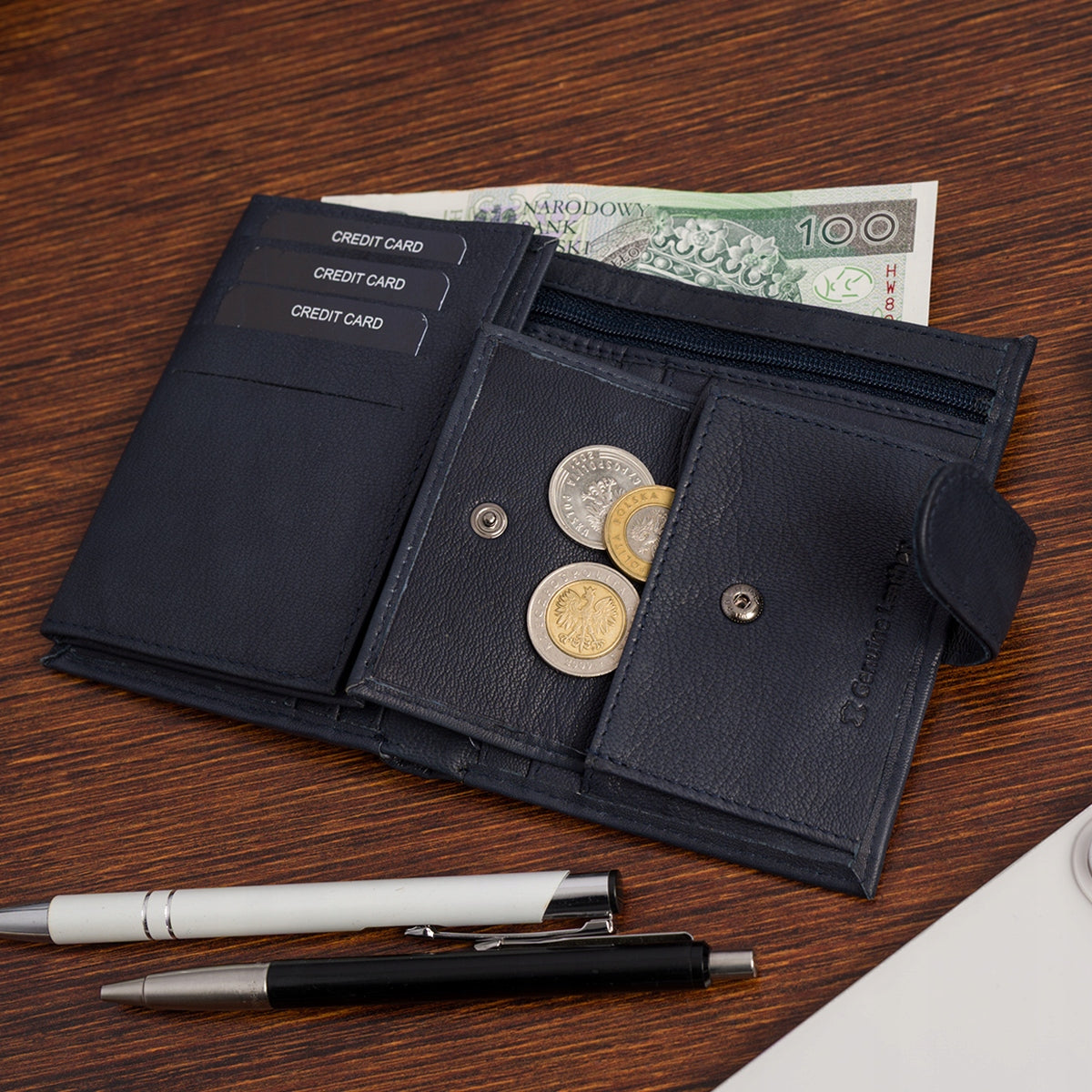 Vyriška klasikinė odinė didelė vertikali tamsiai mėlyna piniginė Beltimore