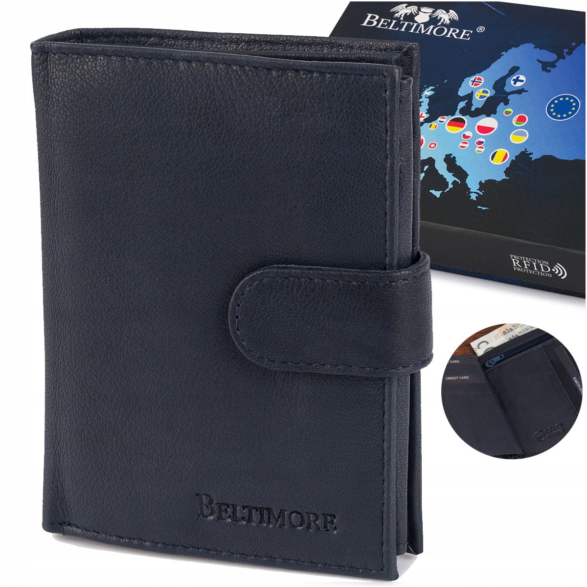 Vyriška klasikinė odinė didelė vertikali tamsiai mėlyna piniginė Beltimore