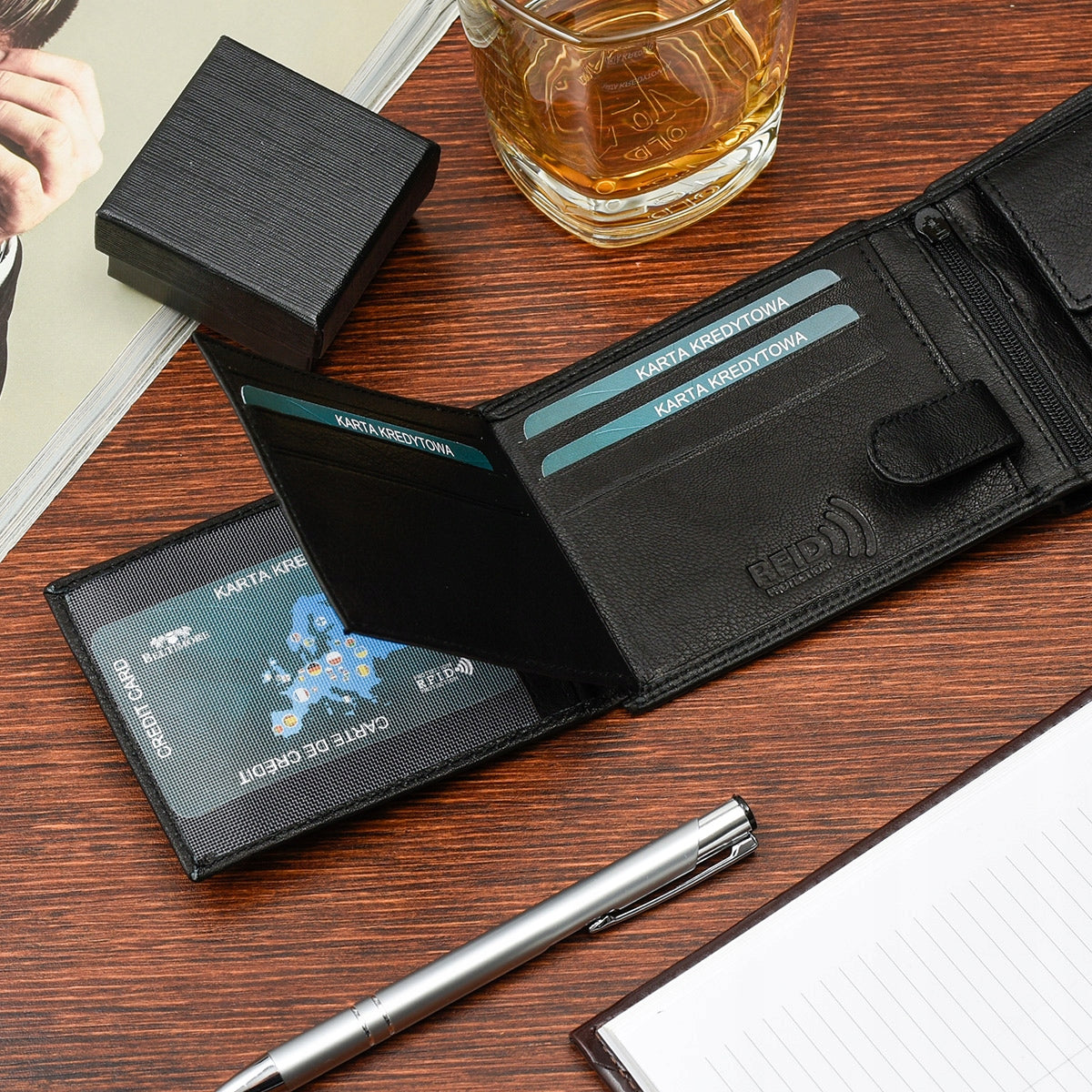 Didelės klasikinės juodos spalvos horizontalios odinės vyriškos piniginės natūralios odos Beltimore