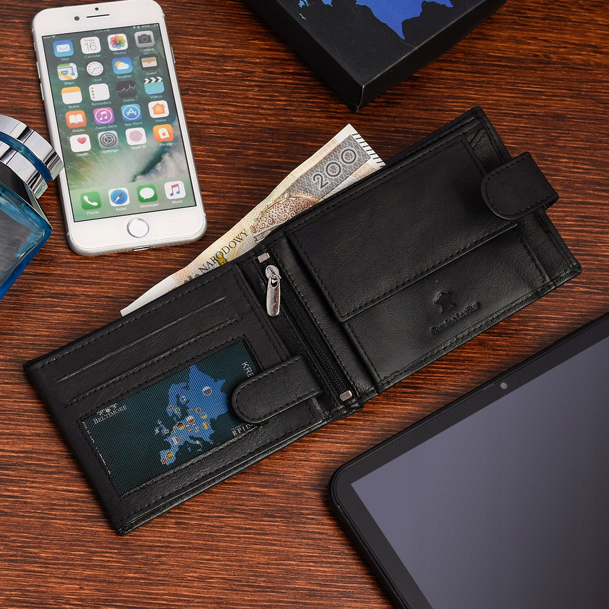 Didelės klasikinės juodos spalvos horizontalios odinės vyriškos piniginės natūralios odos Beltimore